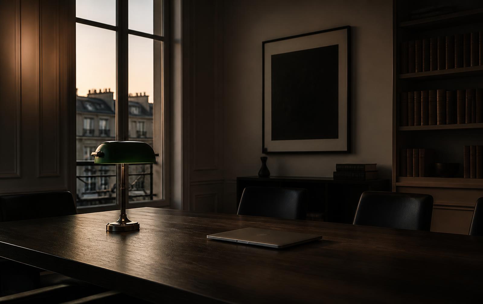 A quiet law office at dusk: long dark table, closed laptop, green banker's lamp lit