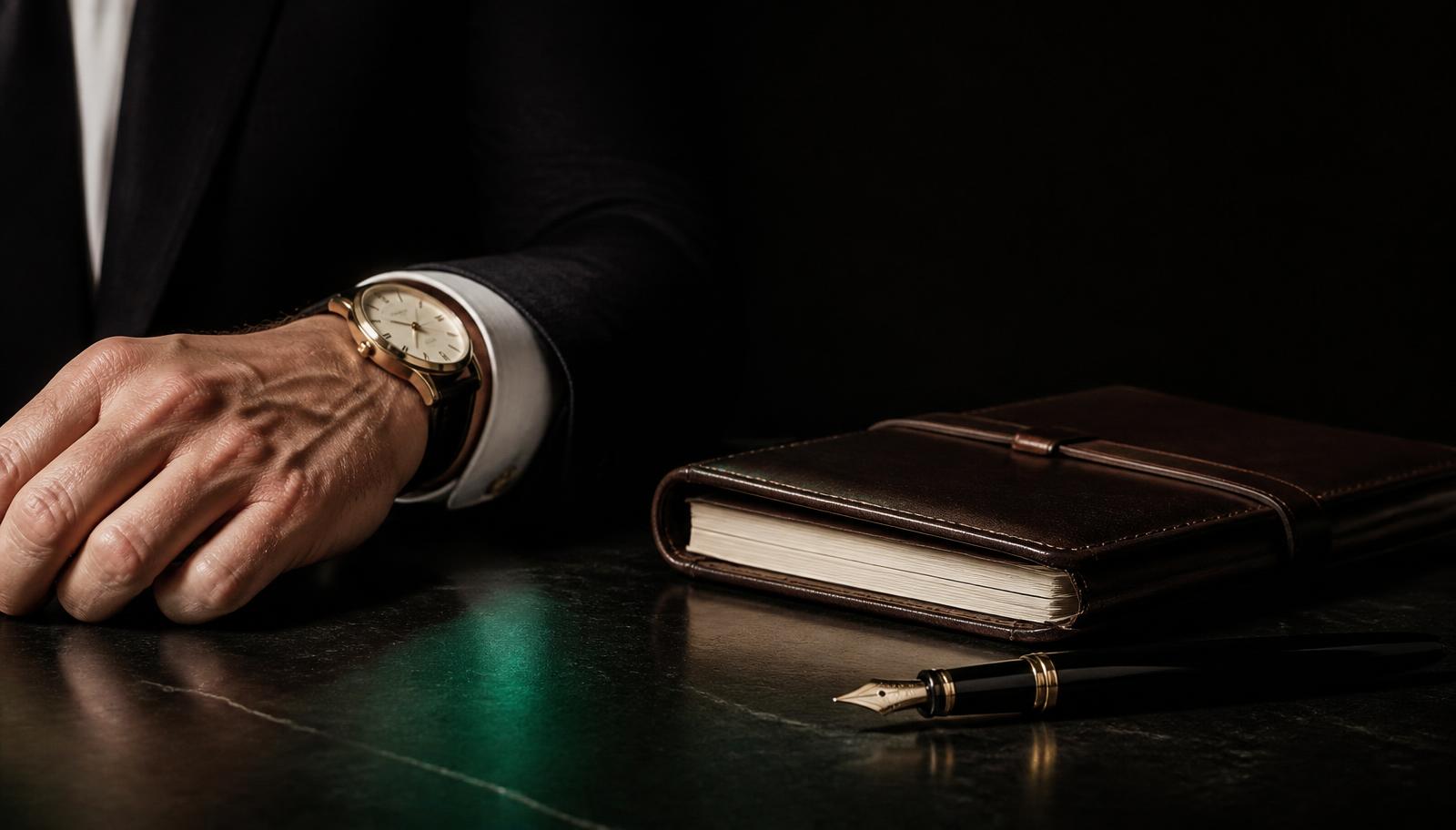A lawyer's hand resting beside a leather notebook and fountain pen on a dark desk